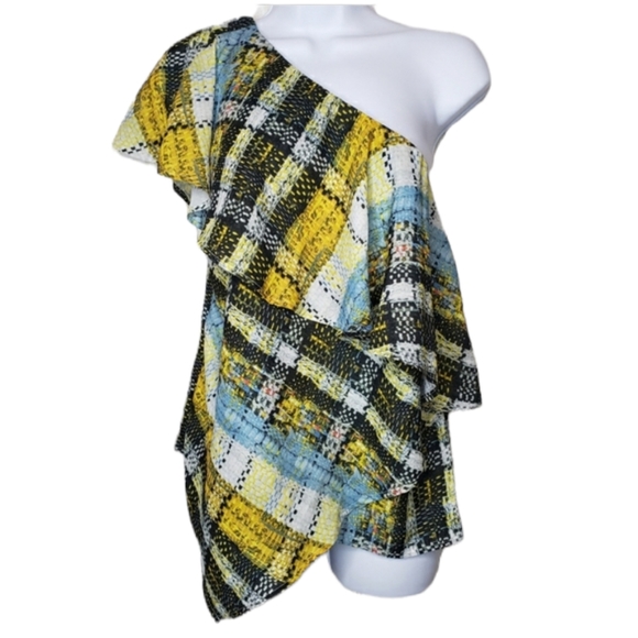 Project Runway Top Asymmetrical One Shoulder Plaid Yellow Black Size Small NWT - Picture 13 of 13